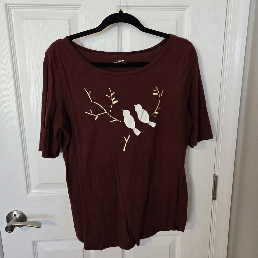 LOFT Maroon Tee with Gold & White Bird Design